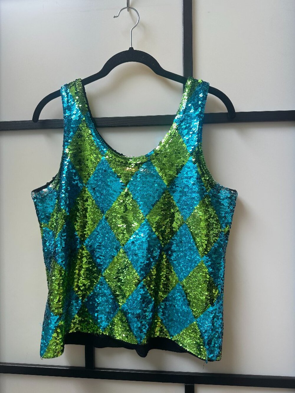 Vintage Eleanor P Brenner Women's Sequin Diamond Green Turquoise Tank Top Small